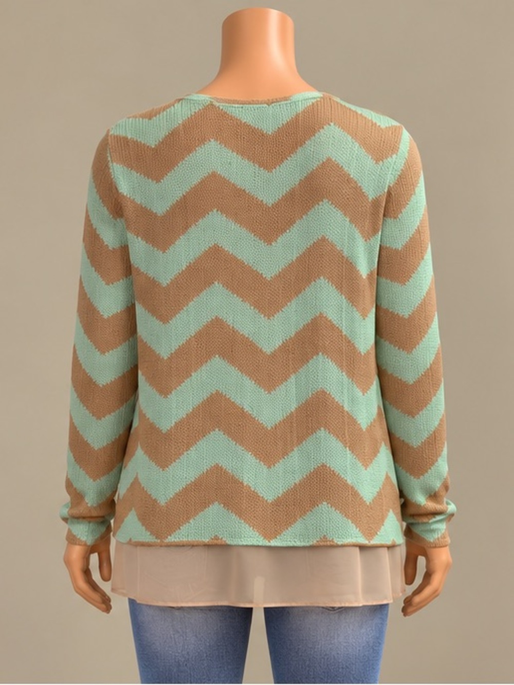 Francesca's Mint Tan Chevron Knit Chiffon Layered Cardigan Sweater S - Picture 2 of 2